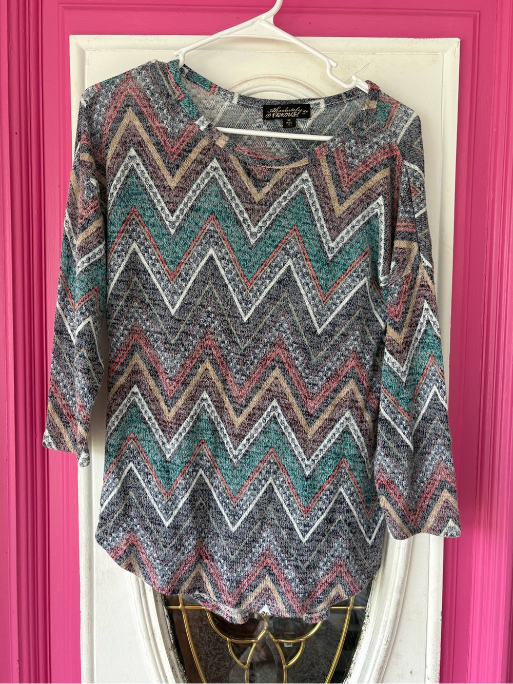 Almost Famous Chevron Boatneck Top in Teal, Gray & Pink
